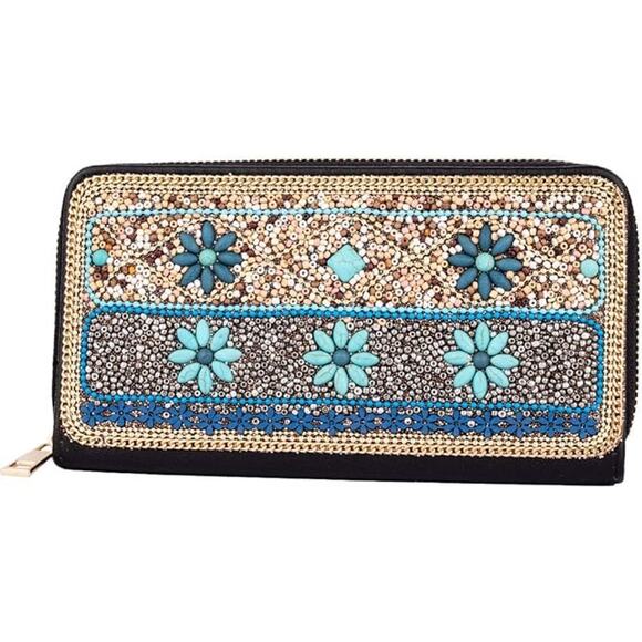 NWT Treeable Bohemian Beaded Leather Zipper Women's Wallet Blue Flower Long - Picture 1 of 7